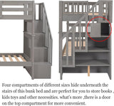 Stairway Bunk Bed with Storage Shelves, Twin Over Twin Wooden Bunk Bed Frame with Full-Length Fence