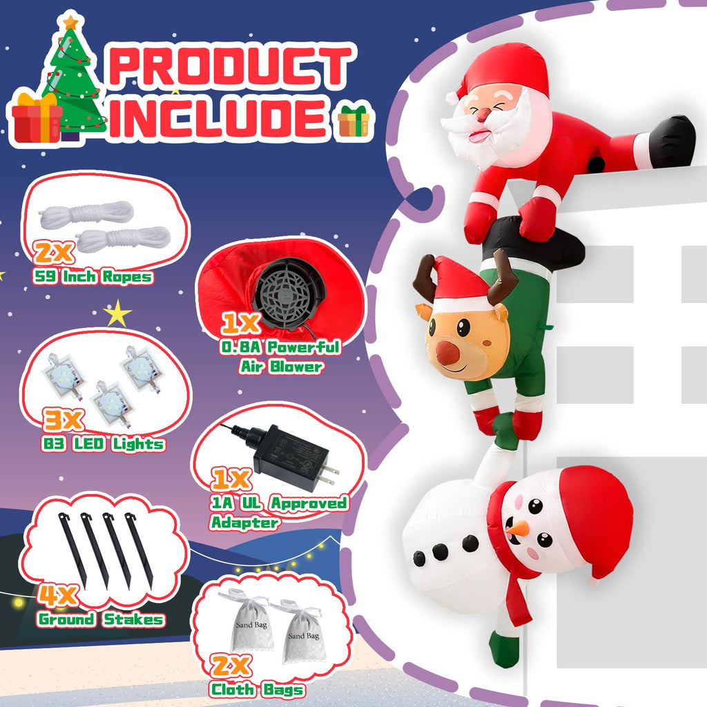 8FT Christmas Inflatables Outdoor, Hanging Santa with Reindeer Roof Decor