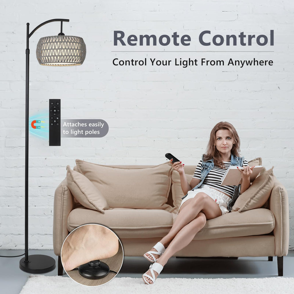 Arc Floor Lamp, Boho Standing Lamp with Remote & LED Smart Bulb, Rattan Floor Lamps with 3 Color Temperatures