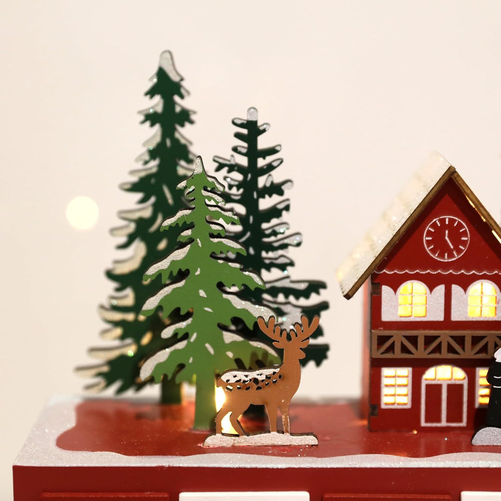 Christmas Wooden Advent Calendar with LED Lights, 24 Drawers Countdown to Christmas Festive Church Scene