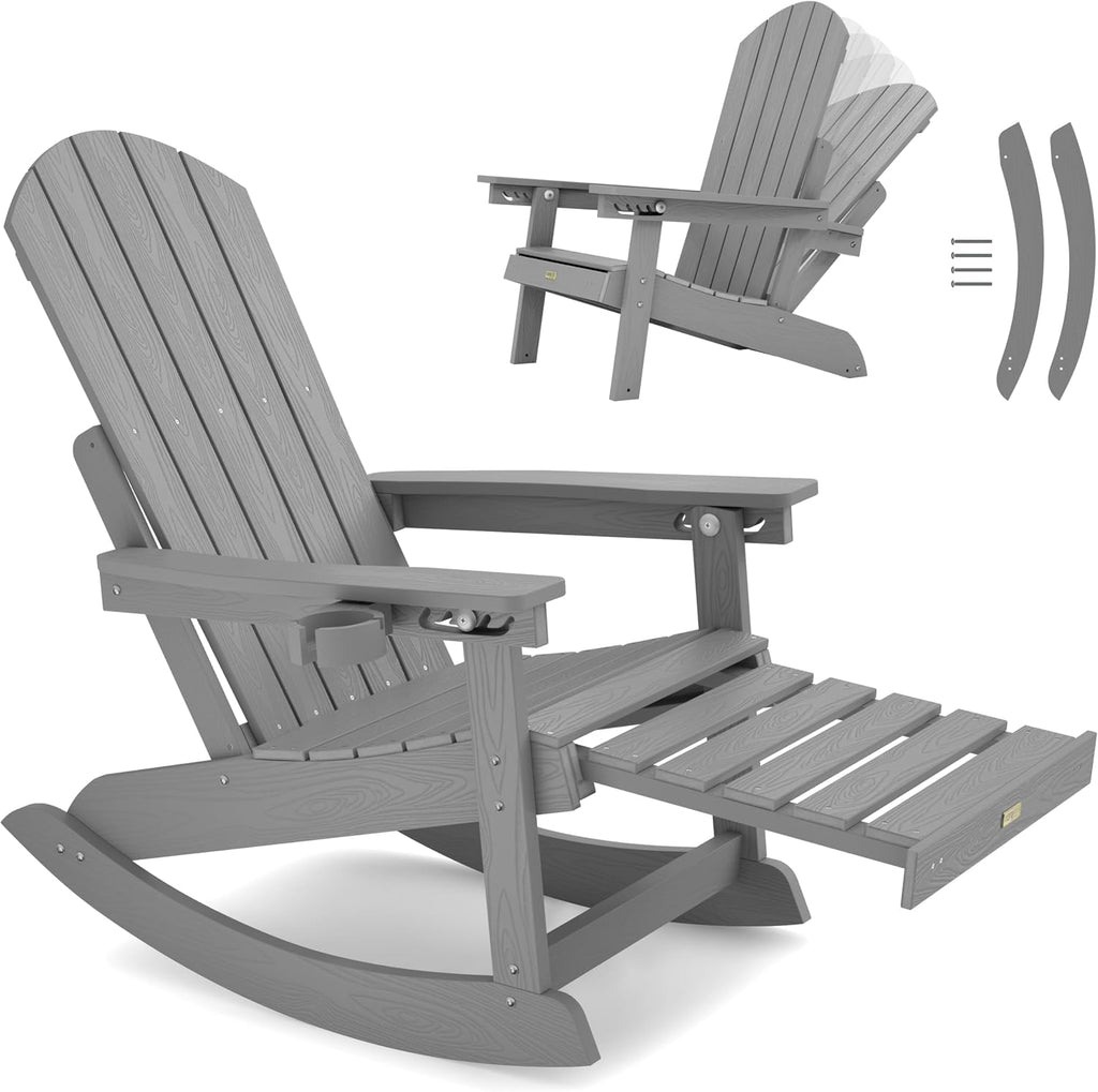 Adirondack Rocking Chairs, Adirondack Chair with Footrest, Grey | 5- Level Adjustable Backrest, Retractable Ottoman &