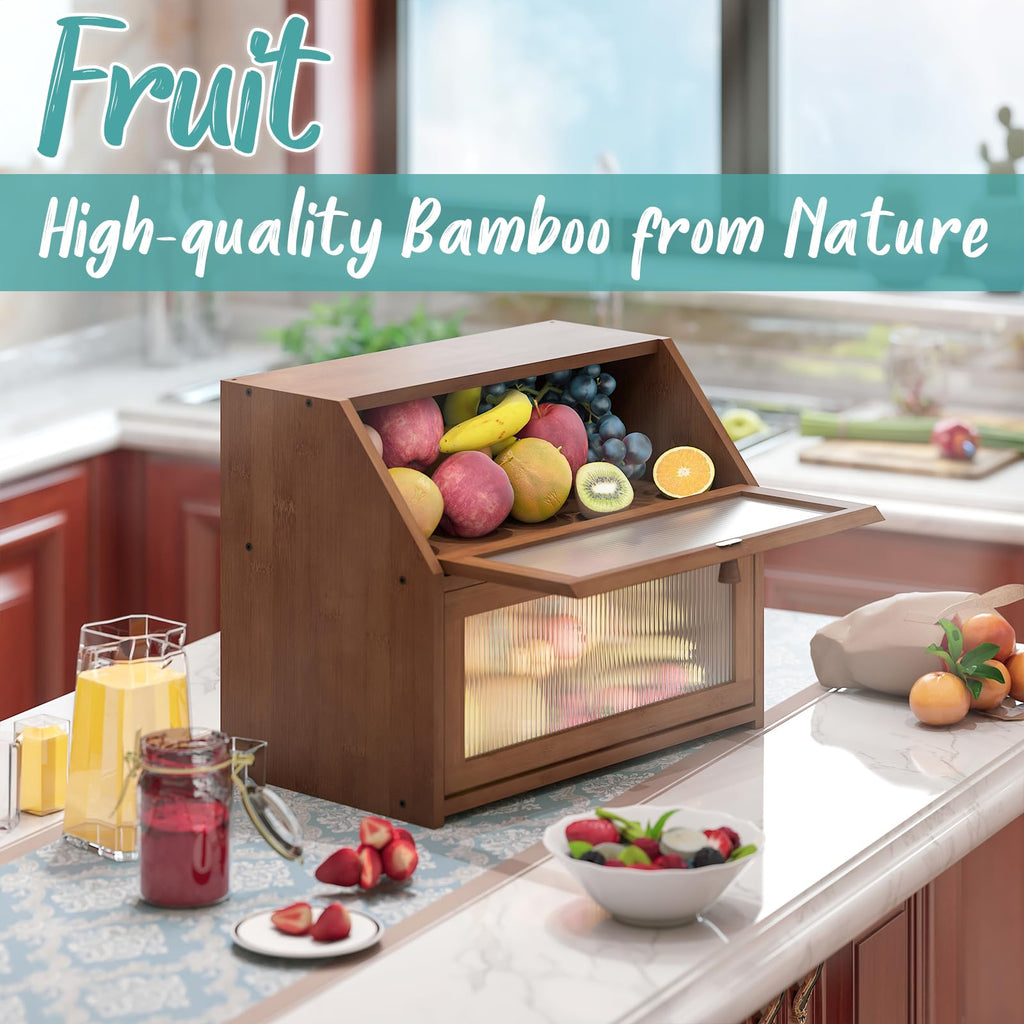 Counter, Large Bamboo Wood Double Layer, Wooden Bread Storage Capacity