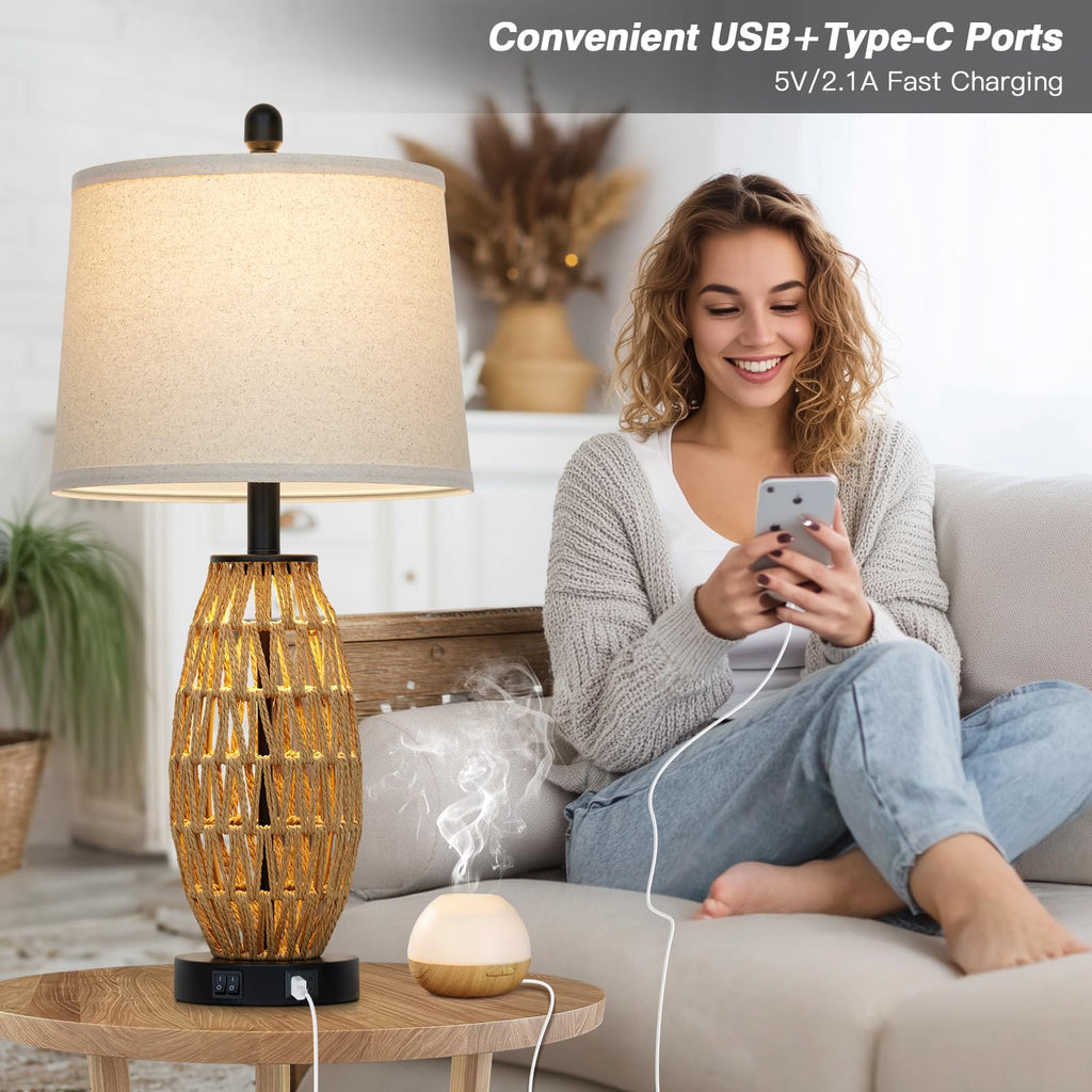 27" Boho Rattan Table Lamp with Night Light, Wicker Bedside Lamp with USB A+C Charging Port, Woven Coastal Bedroom