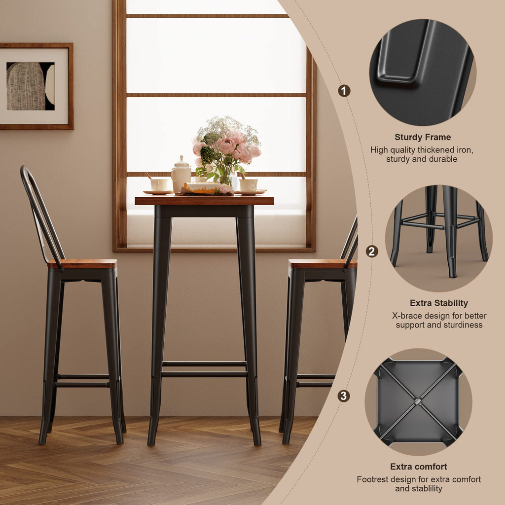 Bar Table and Chairs Set, Pub Table and Chairs Set of 2, with Elm Solid Wood and Thickened Metal Frame, for Bar