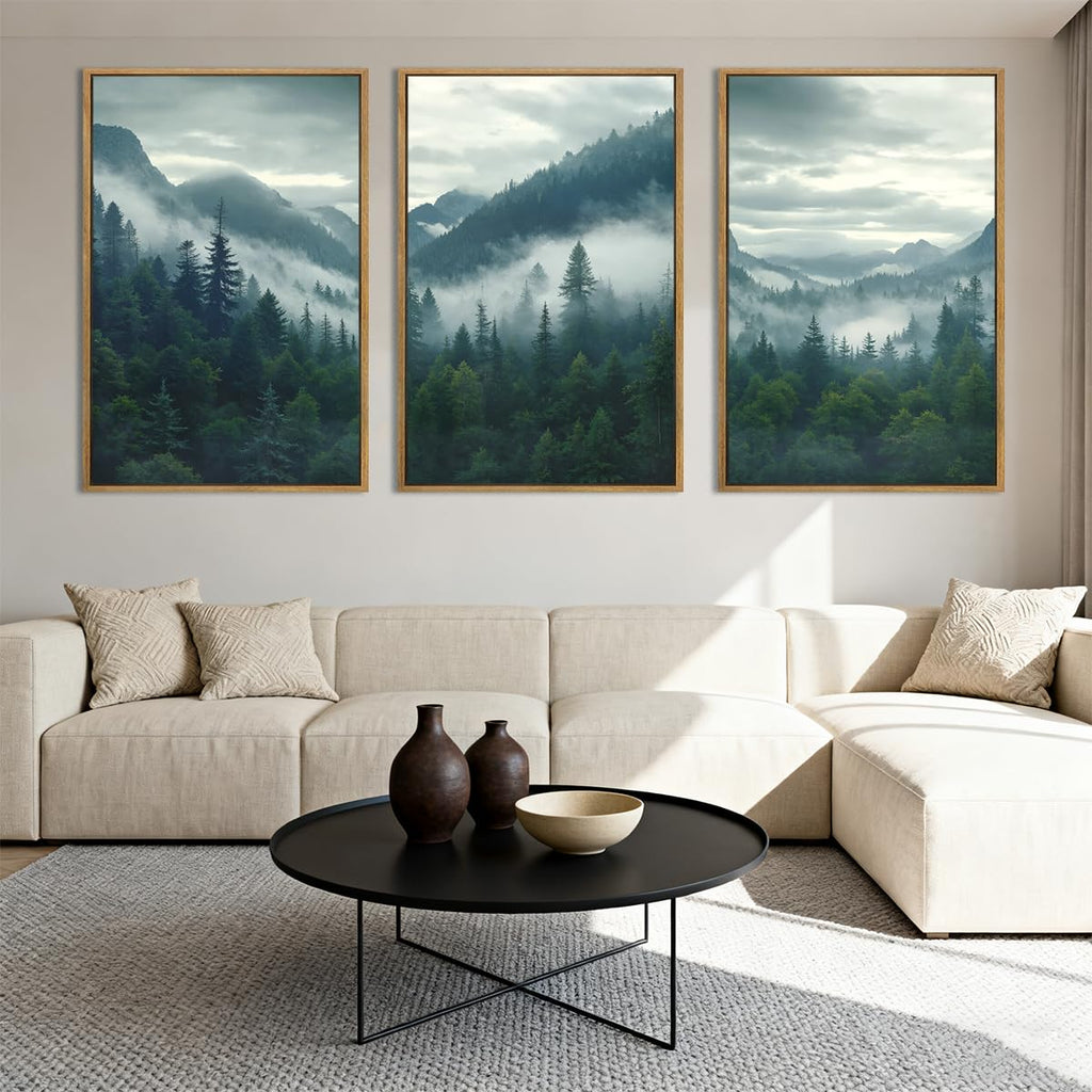 Large Misty Mountain Framed Wall Art 16x24 inch Green Foggy Forest Canvas Wall Decor Modern Pine Trees Nature