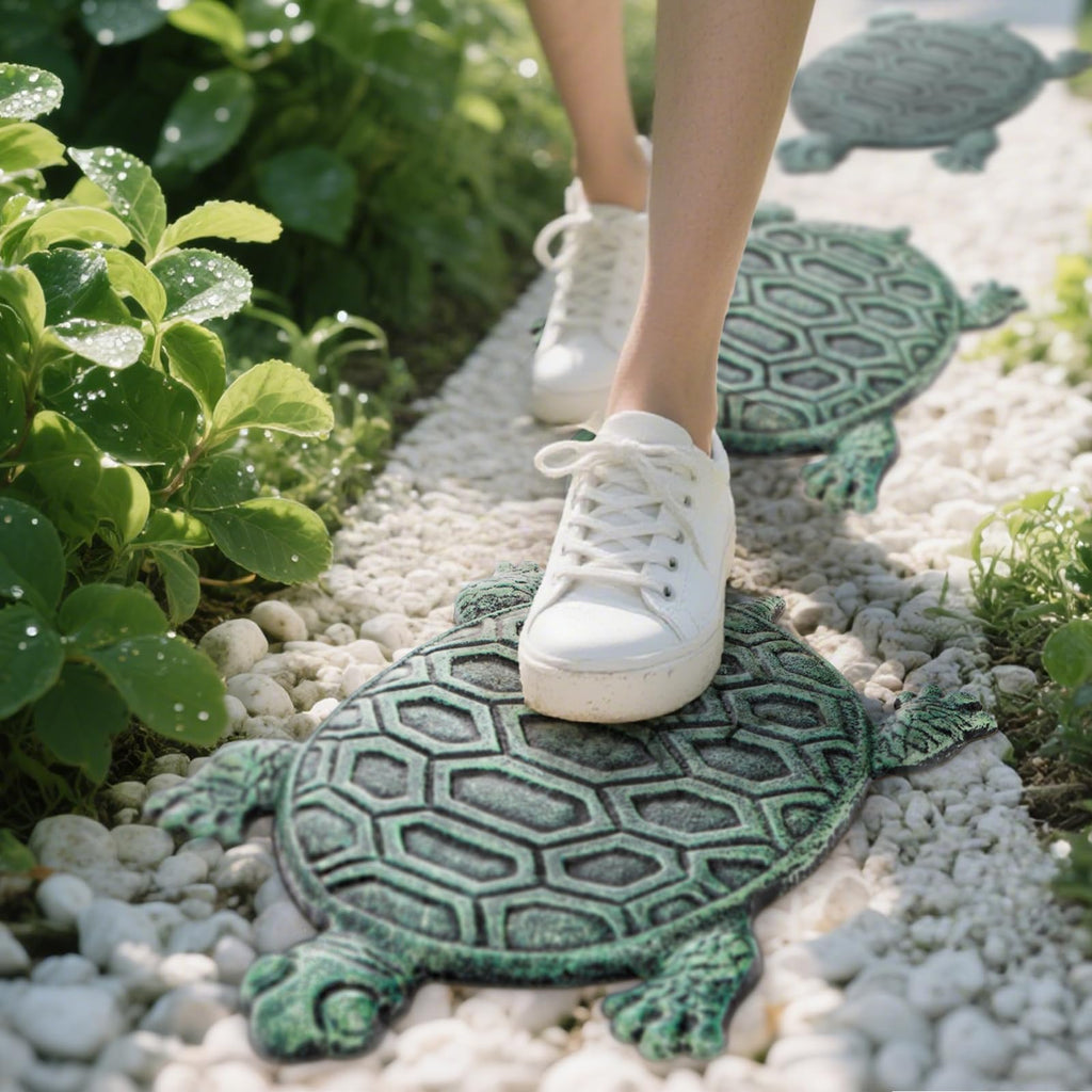 Cast Iron Turtle Stepping Stone, Sturdy Metal Stepping Mat for Front Door, Garden, Lawn and Yard, Verdigris Tortoise