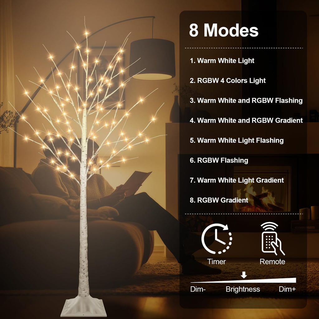 5FT Lighted Birch Tree with 90 LED Warm White and Multicolor Lights, 8 Modes, Timer Remote Faux Prelit Twig Christmas