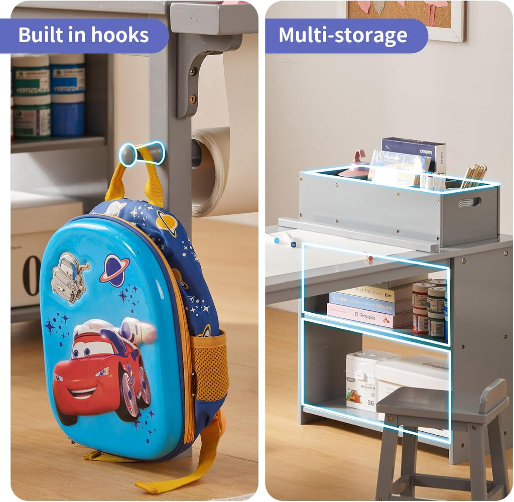 Kids Art Table and Chair Set with Paper Roll Holder, Toddler Craft Table with Storage Shelves, Side Supply Tray