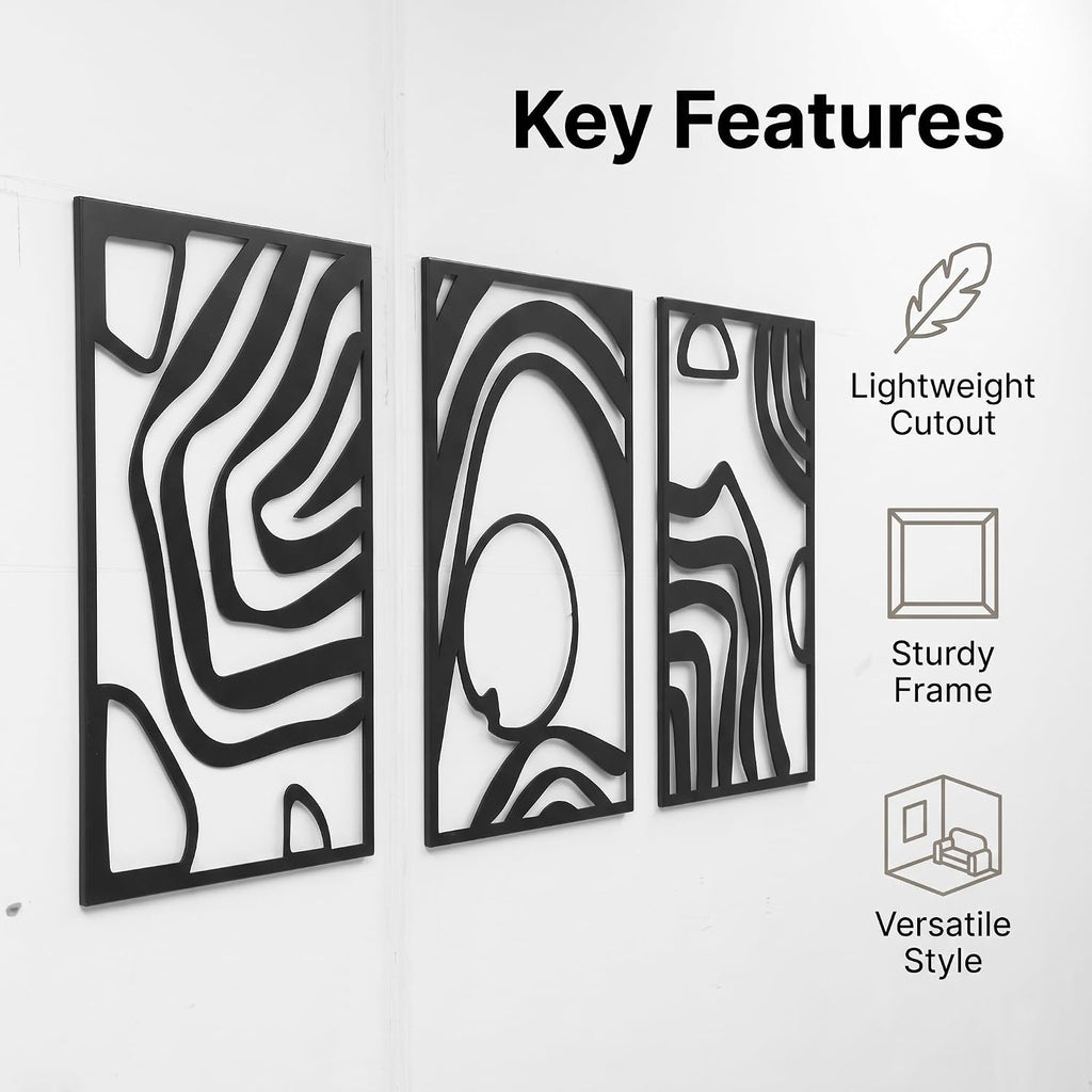 Black Metal Abstract Curve Hollow Wall Sculpture Decor Set - Set of 3