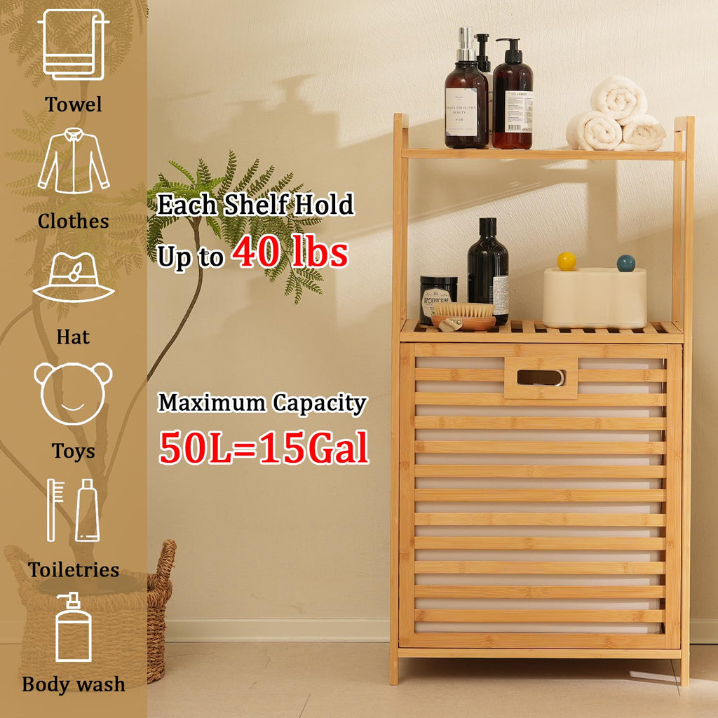 Tilt Out Laundry Hamper with Shelf - Bamboo Laundry Basket, Brown