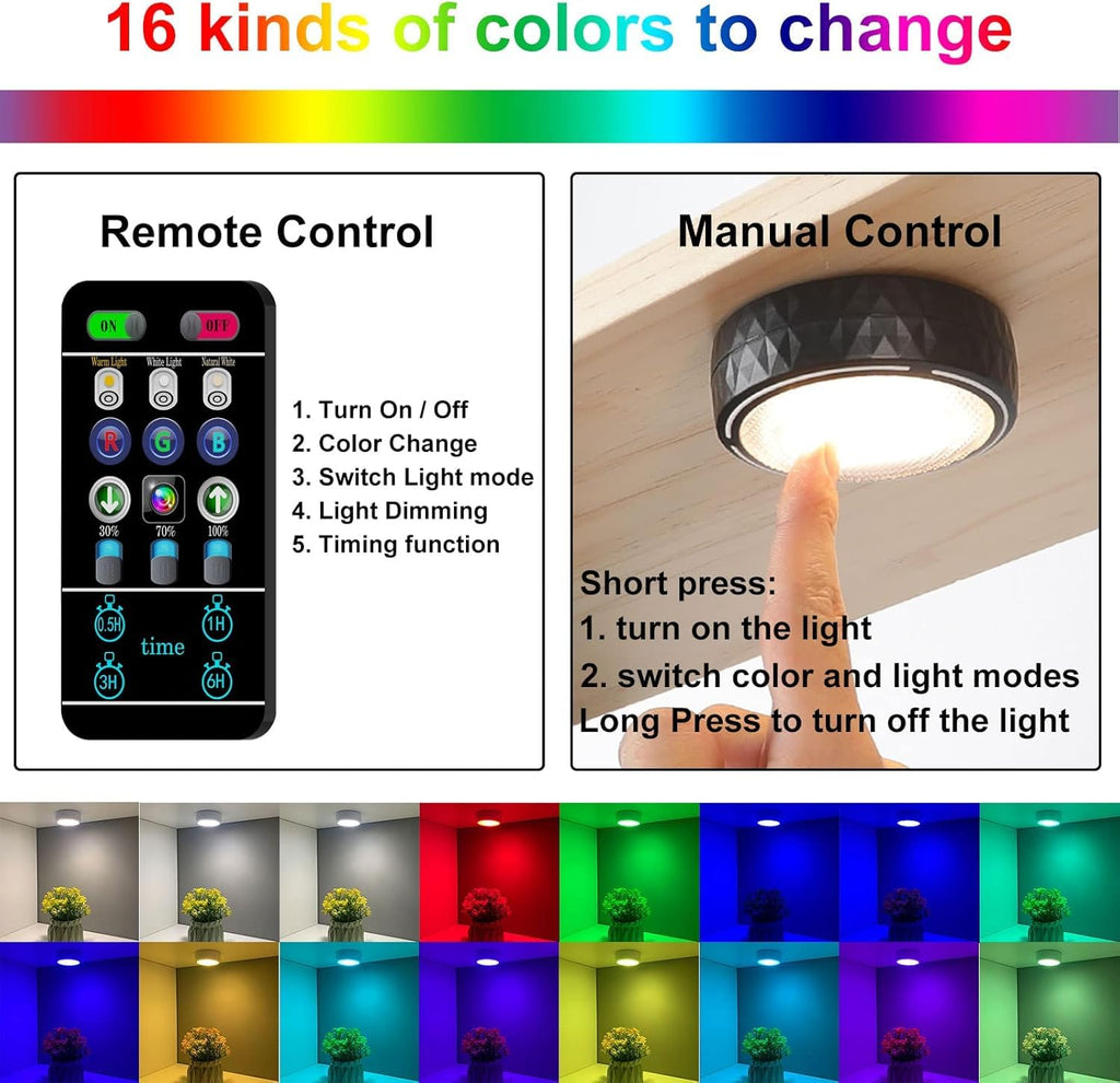LED Puck Lights with Remote Battery Operated Under Cabinet Lighting Wireless Stick on Lights Color Changing Timer Tap