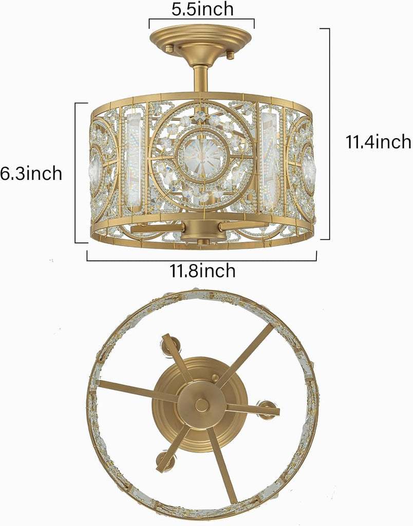 Semi Flush Mount Chandelier for Dining Room, 3-Lights Vintage Crystal Round Chandelier, Gold Retro Semi-Flush Mount