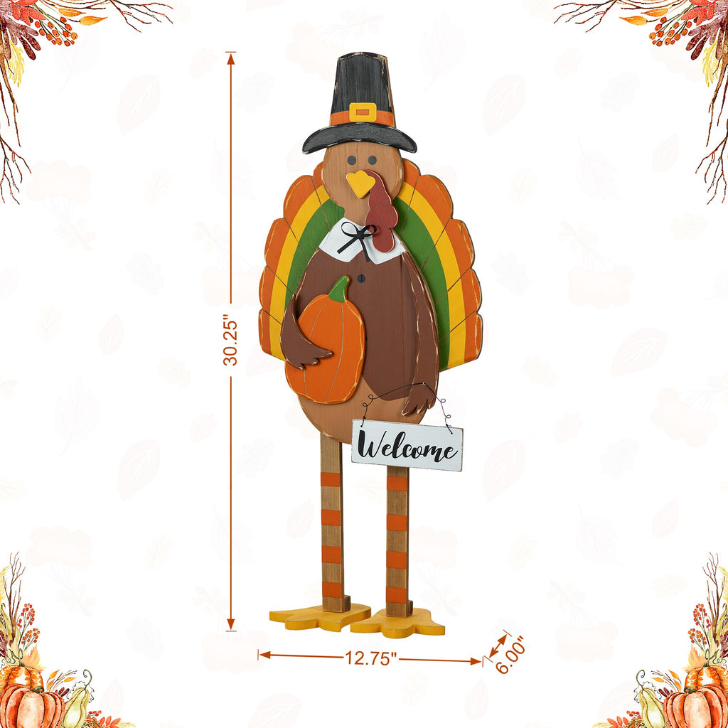 30'H Thanksgiving Wood Turkey Porch Sign, Farmhouse Turkey Pumpkin Welcome Standing Decor for Fall Harvest, Rustic