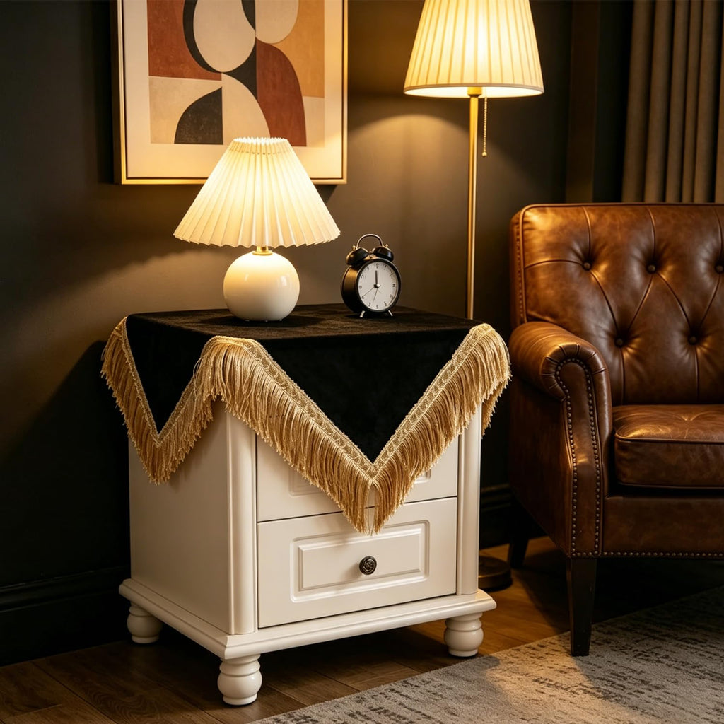 Square Black Velvet Tablecloth for Nightstand Solid Color Coffee Table Cover with Tassel Soft Velvet Fabric Washable