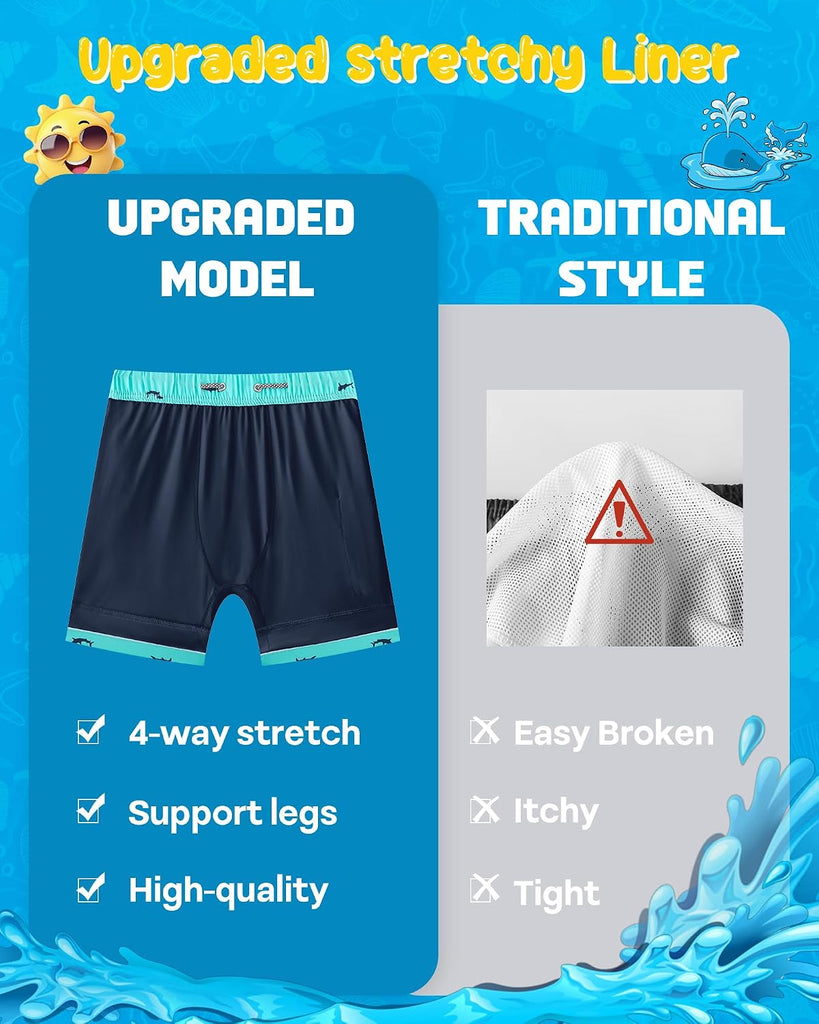 2 in 1 Boy's Swim Trunks Zipper Pockets Kids Bathing Suits