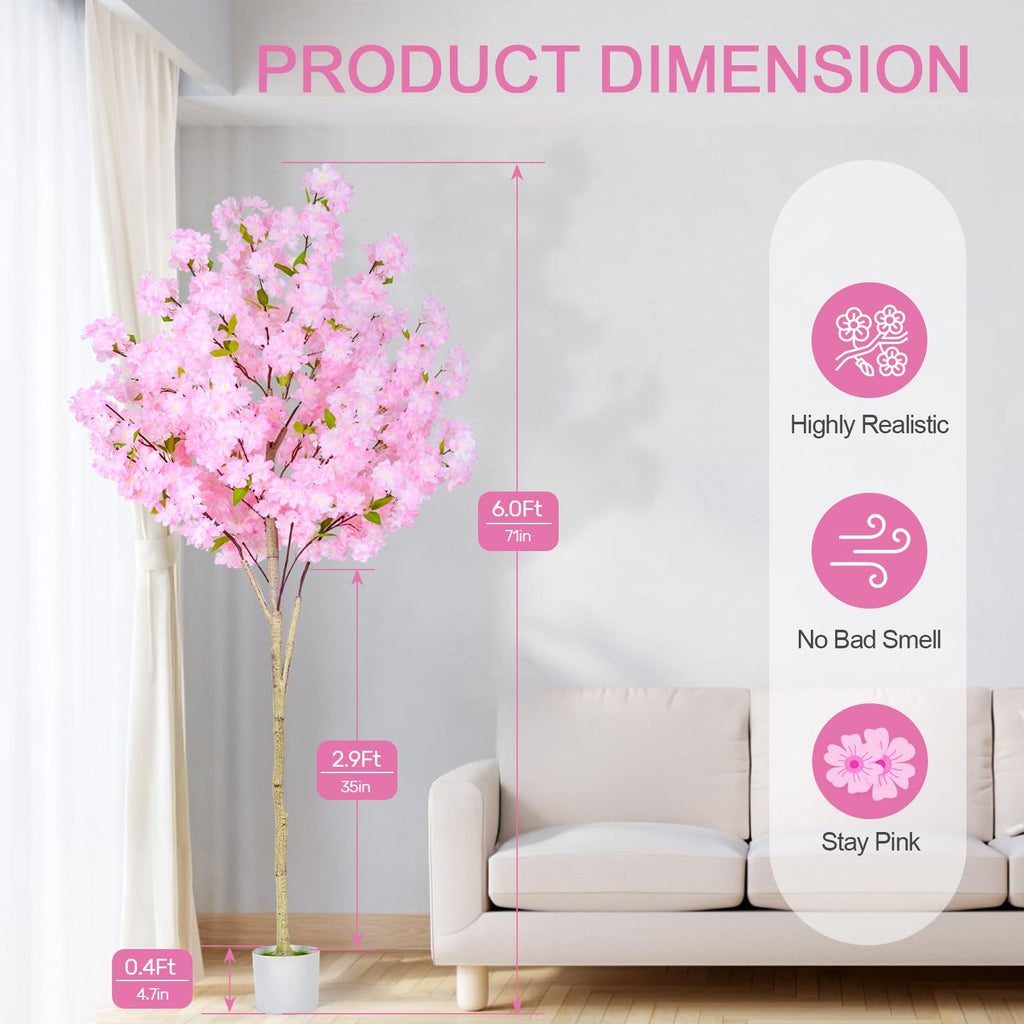 6FT Artificial Cherry Blossom Tree, Tall Fake Flower Tree with Realistic Pink Sakura Pot, Blooming Fake Plants