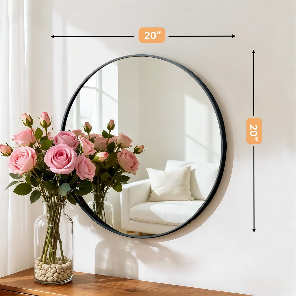 Bathroom Mirror for Wall, 20 Inch Round Mirror, Matte Black Metal Framed Circle Vanity Mirrors Bedroom Living Room