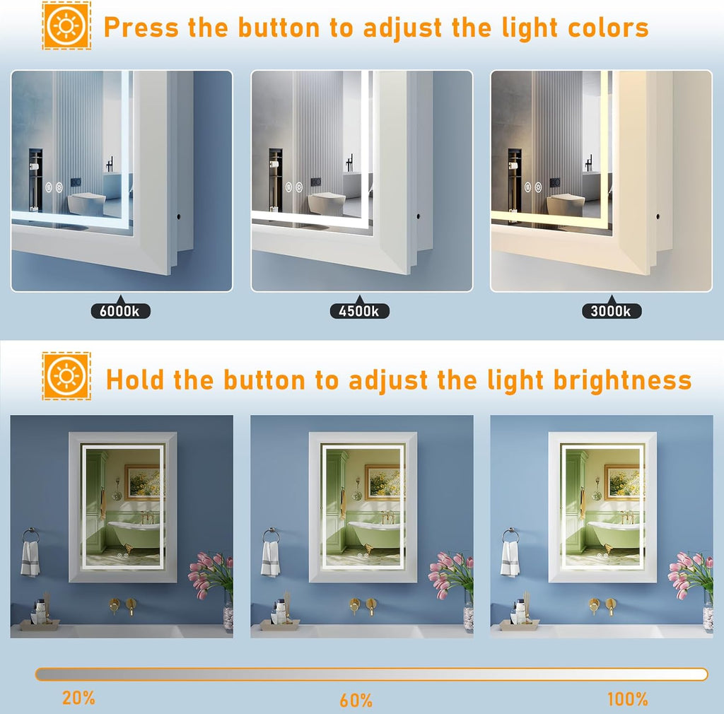20"x28" White Medicine Cabinet with Lights, Bathroom Mirror with Storage, Dimming 3 Lighting Colors, Fast Defogging