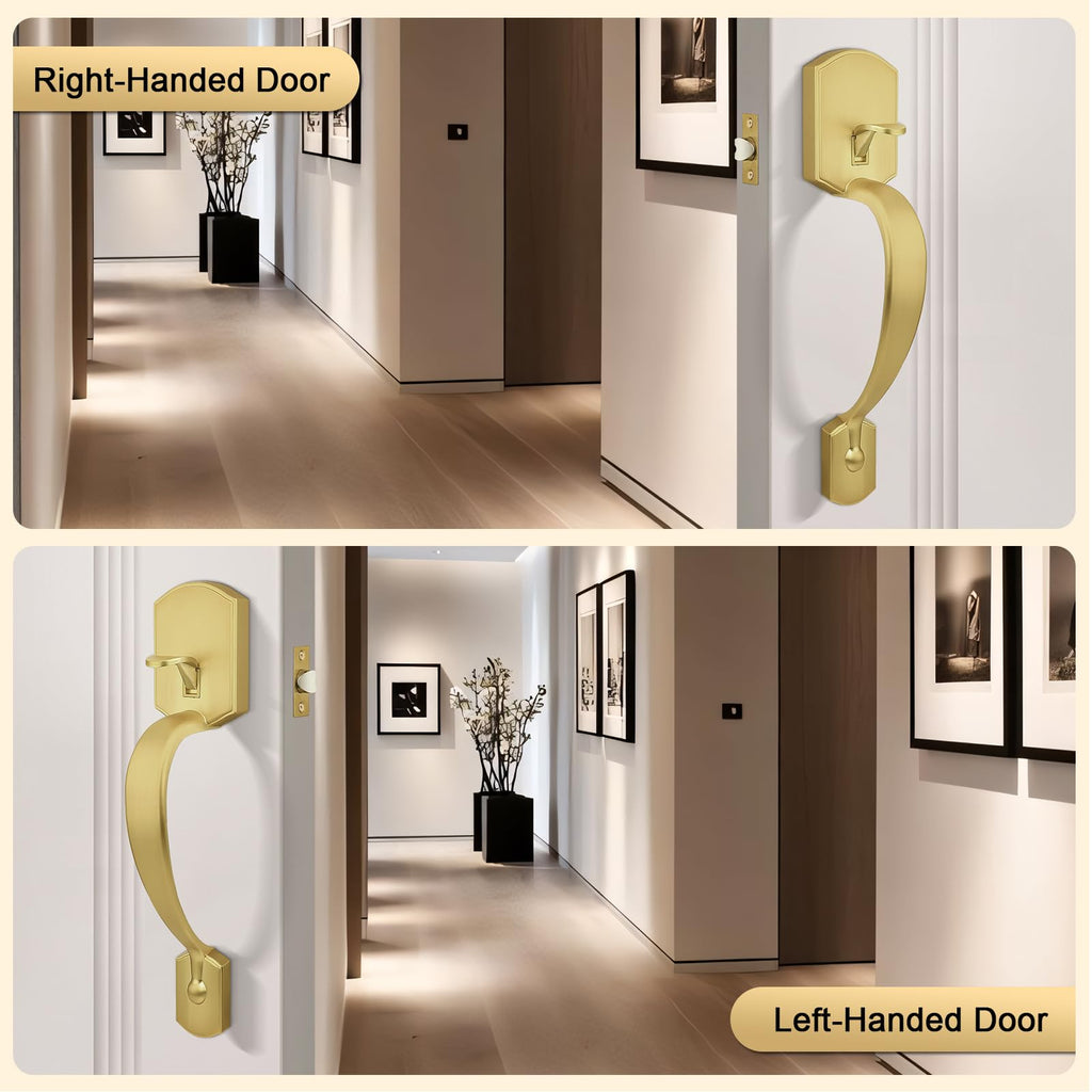 Front Door Handle,Brushed Gold, Heavy Duty Exterior Door Handle with Reversible Lever, Satin Gold Entry Lock Grip