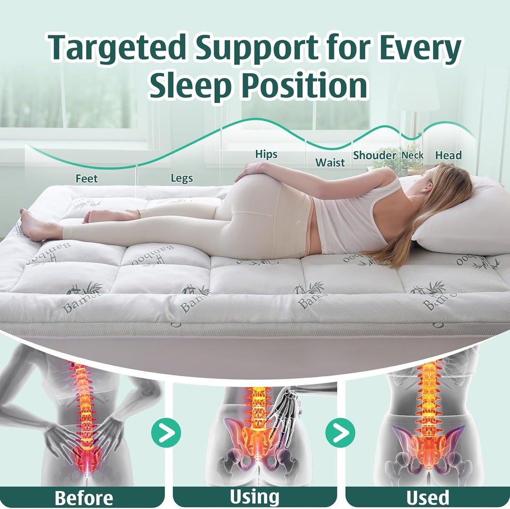 Memory Foam Mattress Topper Queen, Viscose Derived from Bamboo | Pillow Top Mattress Pad for Back Pain Relief | Deep