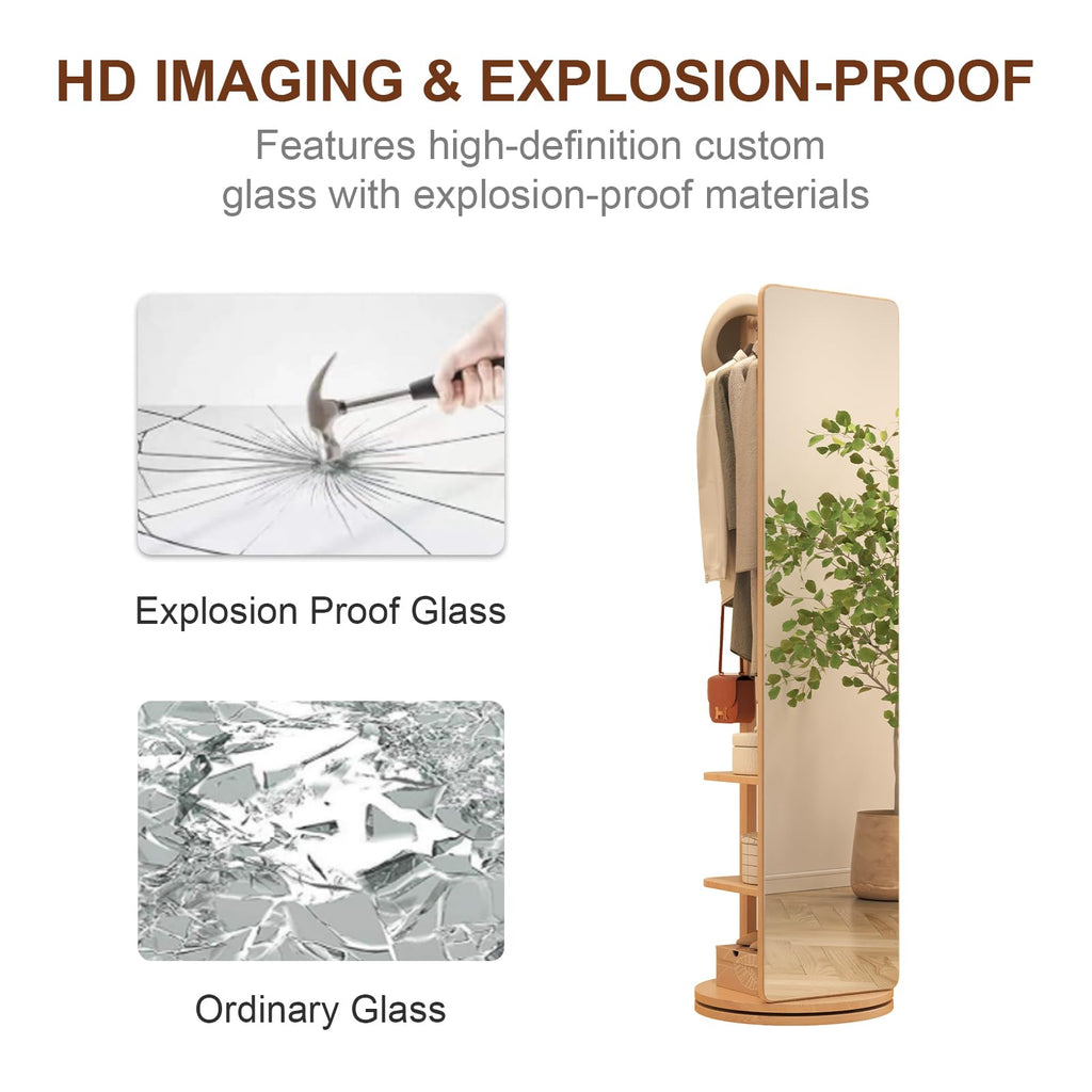 Solid Wood Rotary Full Length Mirror Coat Rack, 69" x 20" Oversize Standing Mirror Full Length, Floor Mirror (Natural)