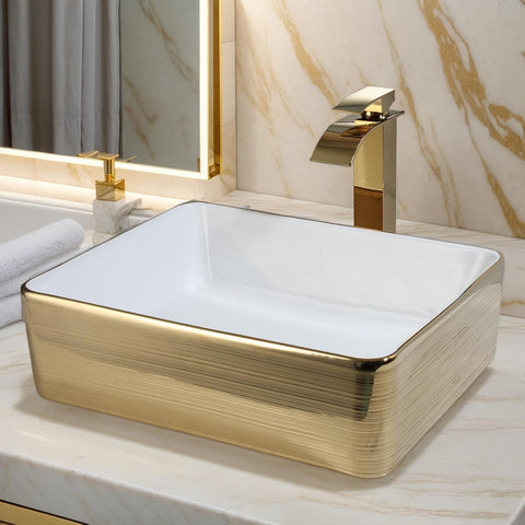 Gold Ceramic Vessel Sinks for Bathroom White Rectangle Above Counter Bathroom Vessel Sink with Faucet and Drain Combo