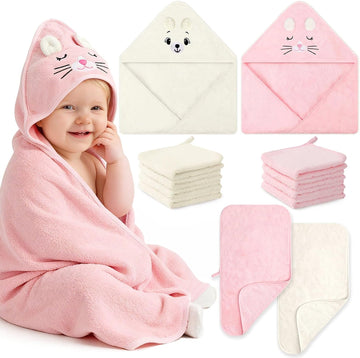 12 Pcs Baby Bath Towels Set for Infants Toddlers, 2 Pcs Animal Hooded Bath Towel, 2 Pcs Baby Burp Cloths & 8 Pcs