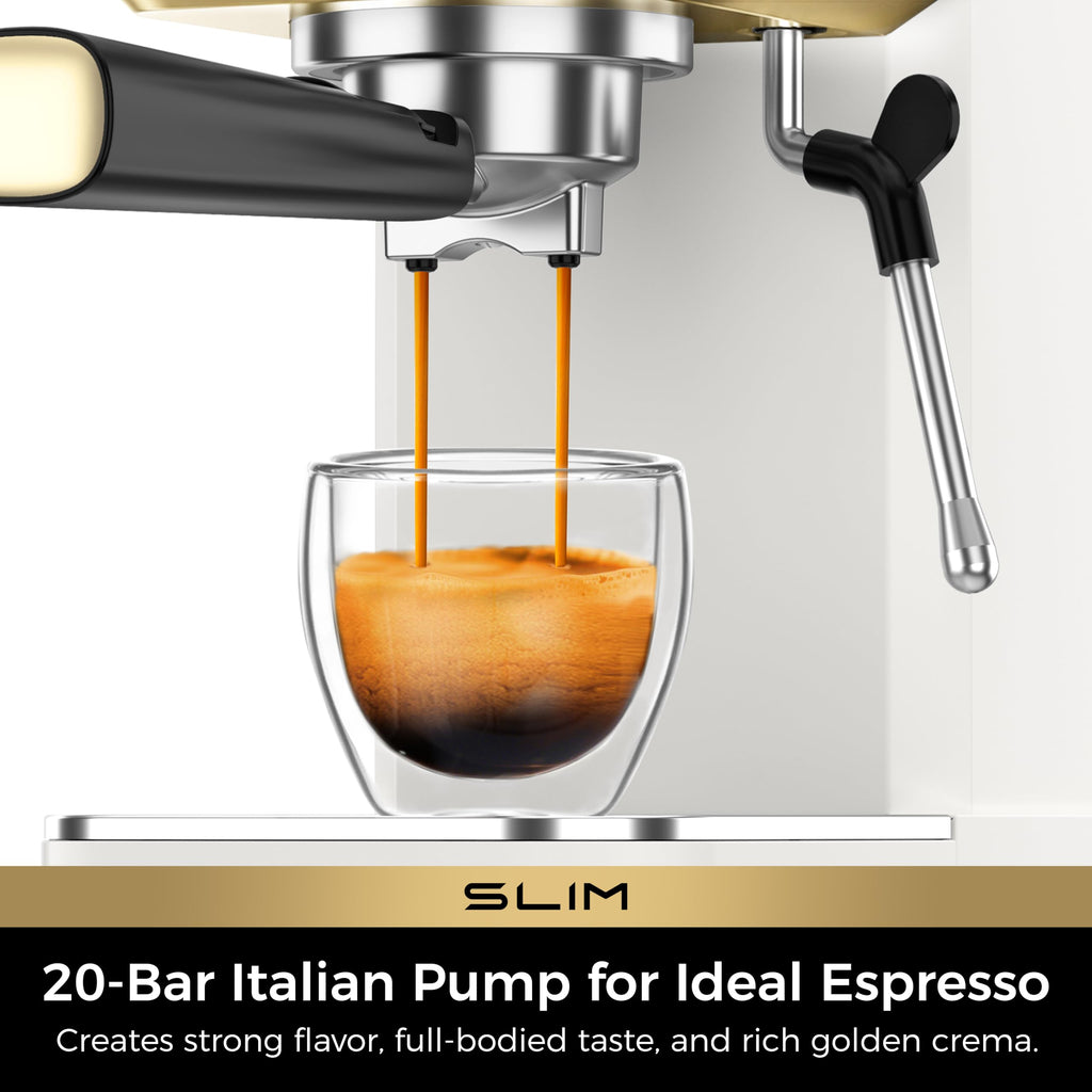 Slim Espresso Machine with Milk Frother Latte, White & Gold