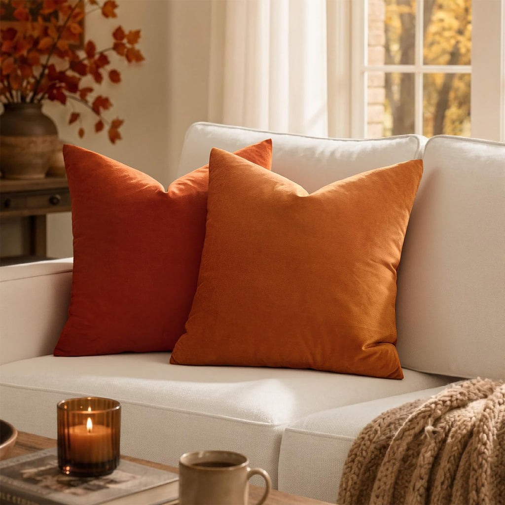 Velvet Fall Throw Pillow Covers 16x16 Inch Pack of 2 Orange