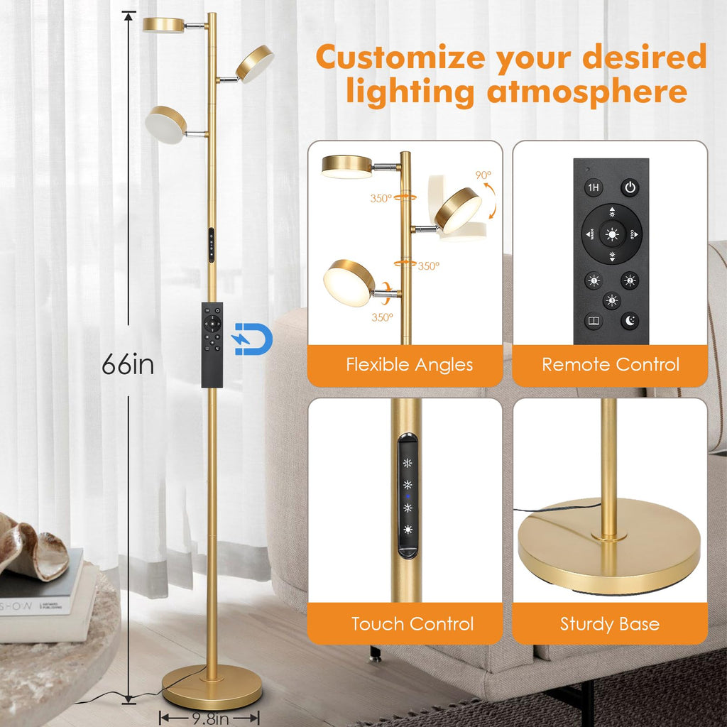 Gold Floor Lamp with Remote Modern Tall Standing Lamp Dimmable LED Brass Tree Floor Lamps with 3 Adjustable Heads