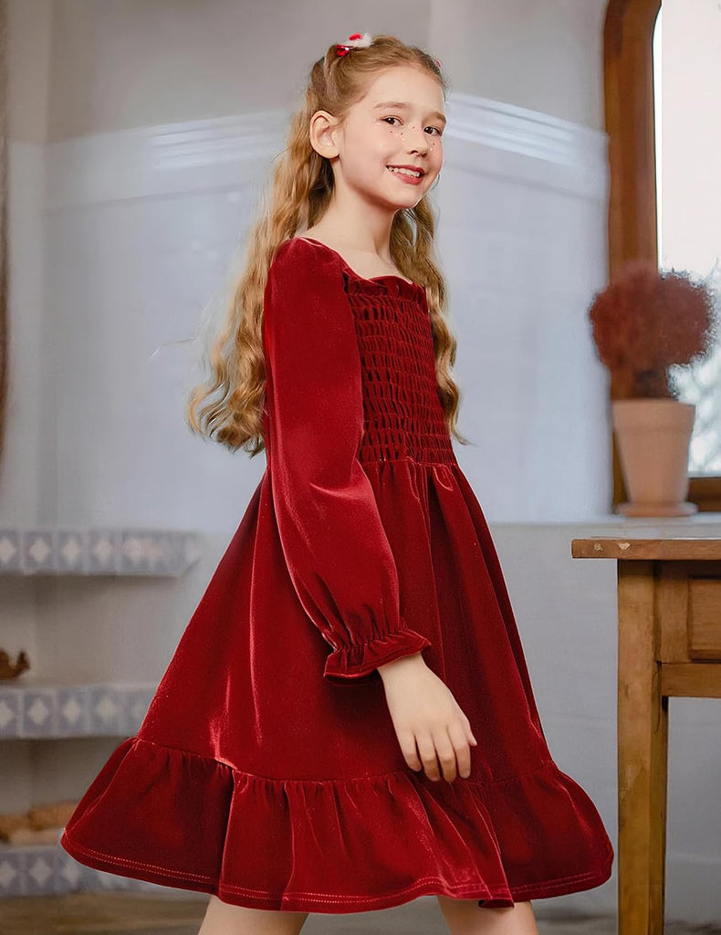 Long Sleeve Dress Velvet Square Neck Midi Fall Winter Long Sleeve Vintage Plain Dress