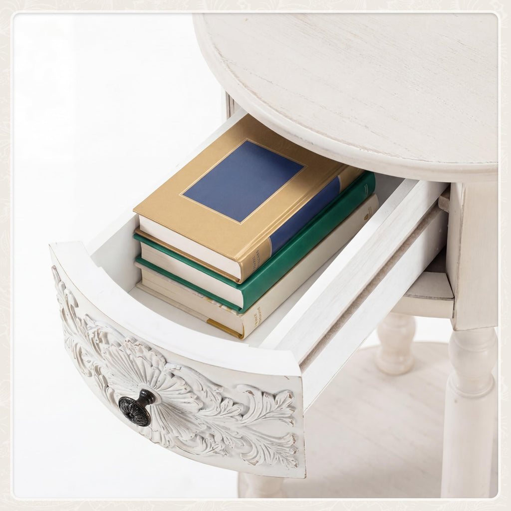Distressed 1-Drawer Round Nightstand, Antique White