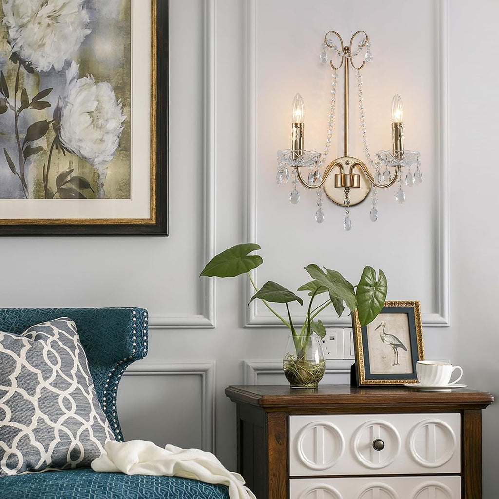 Crystal Wall Sconce Light, 2-Lights Hardwired Gold Wall Sconce with Crystal Dish Indoor Vintage Sconces Wall Lighting