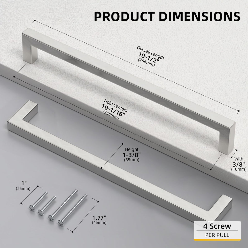 Brushed Nickel Cabinet Pulls 10 Pack 10 Inch, Square Drawer Handles, Stainless Steel, Screws Included, Silver Kitchen