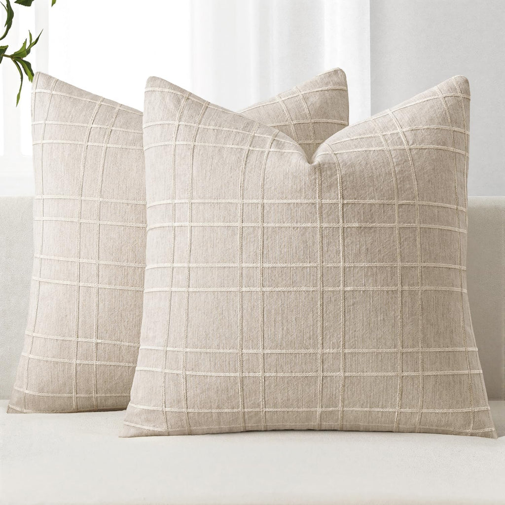Decorative Linen Check Euro Shams Throw Pillow Covers Neutral Farmhouse Vintage Pillow Covers 26x26 Set of 2 Boho