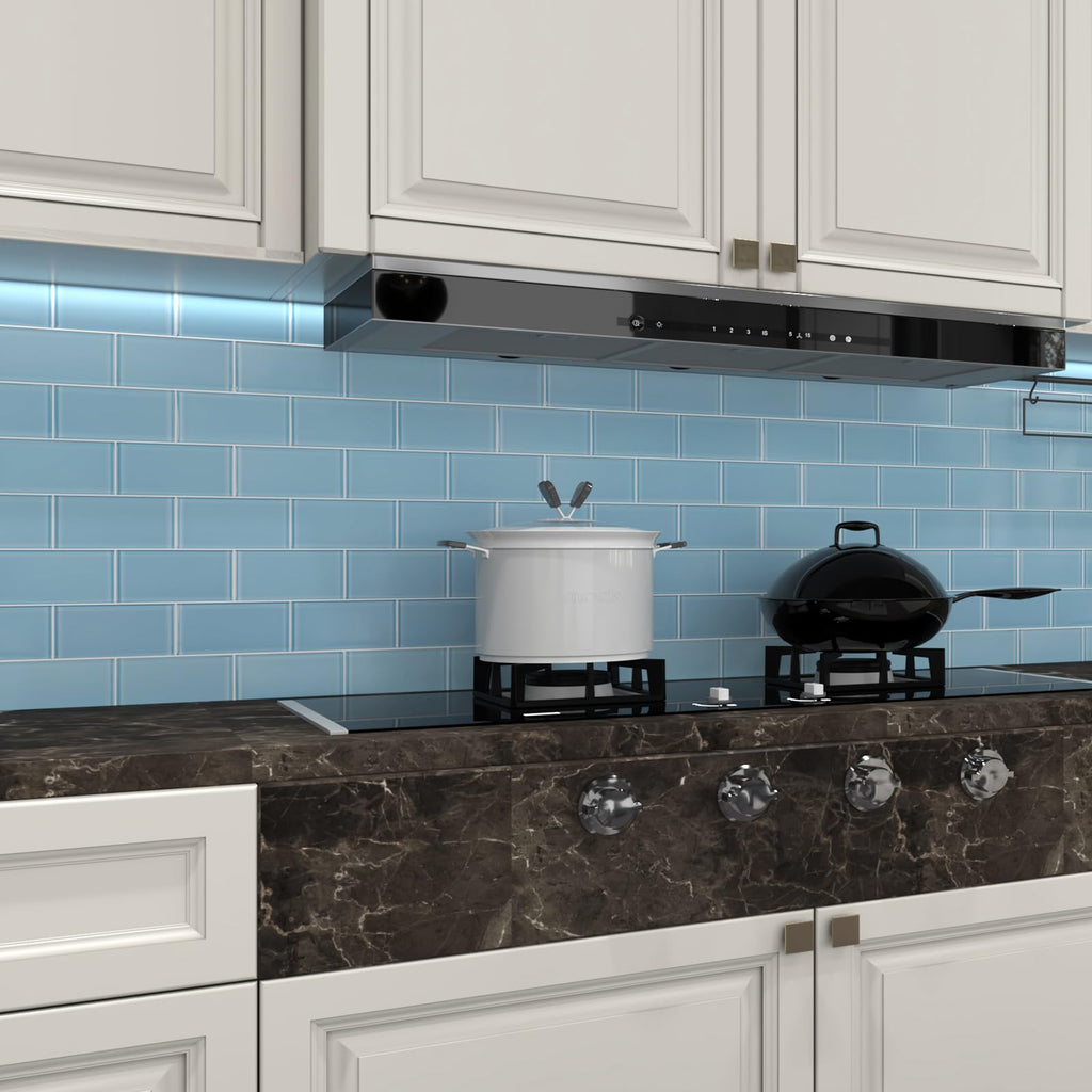 Blue Glass Subway Tile, Glass Kitchen Shower Backsplash Wall, 3 x 6 Inches, 4 Sq.Ft.