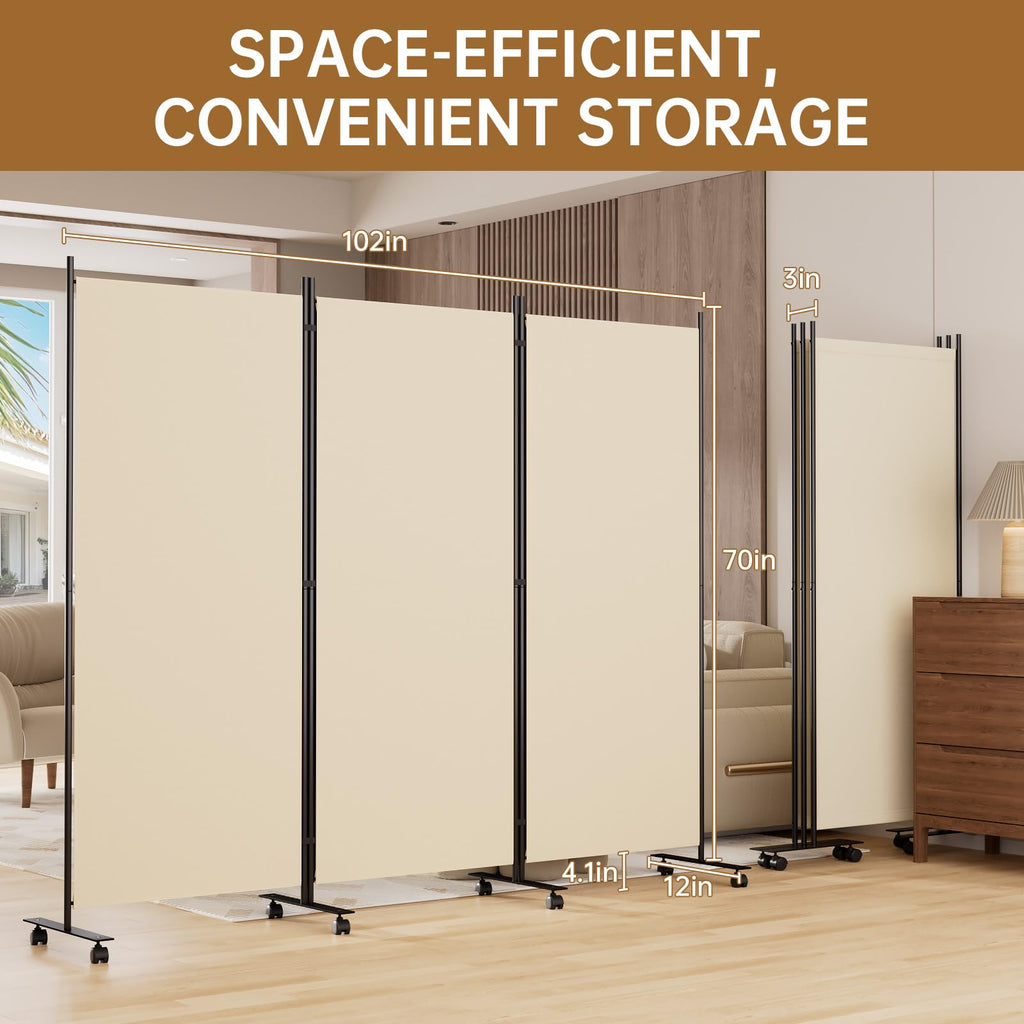Room Divider 102'' Wide Folding Room Divider Panel with Wheel, Upgraded Base