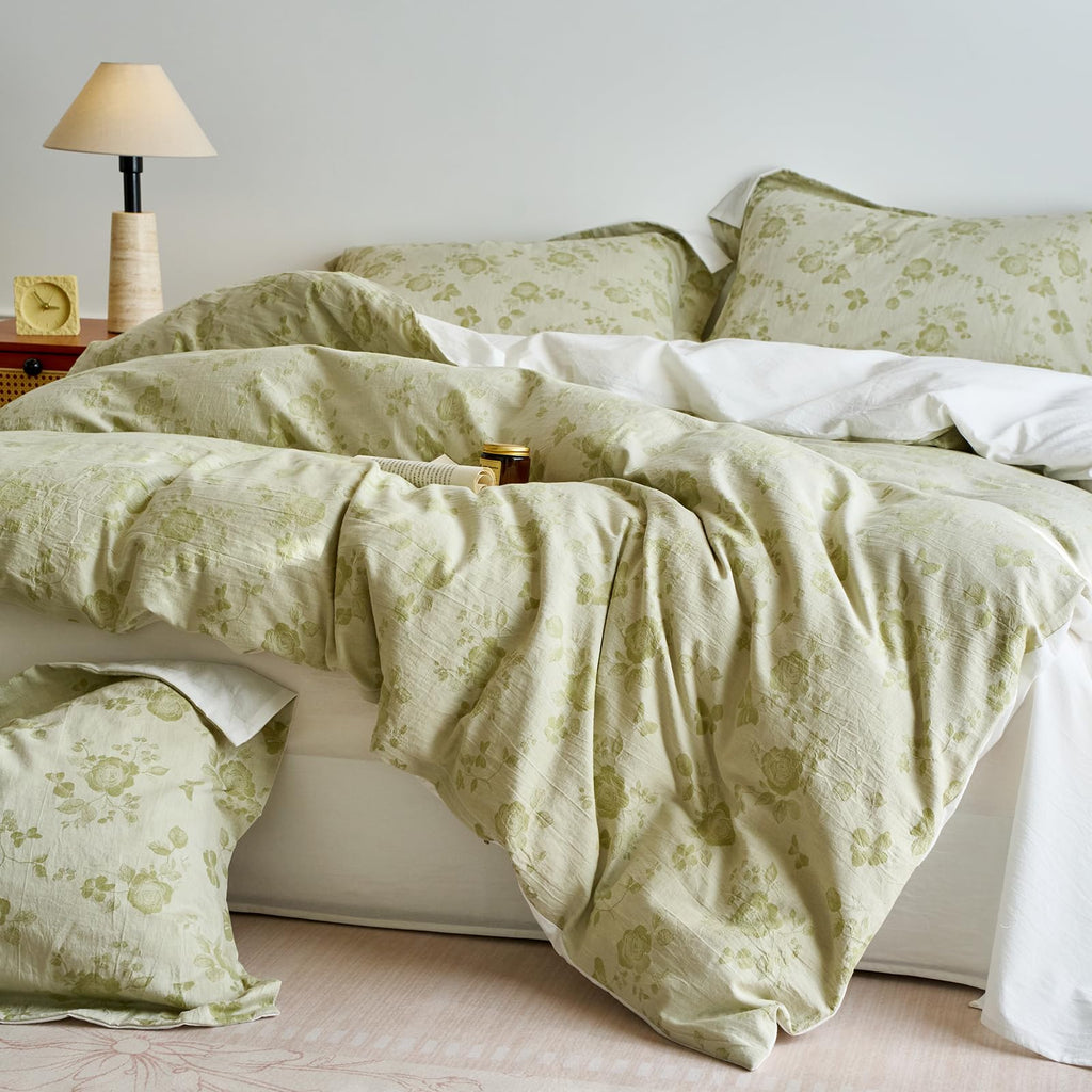 Sage Green Floral Duvet Cover Twin XL Textured Design, Premium Muslin Cotton Coquette Floral Comforter Cover Set for