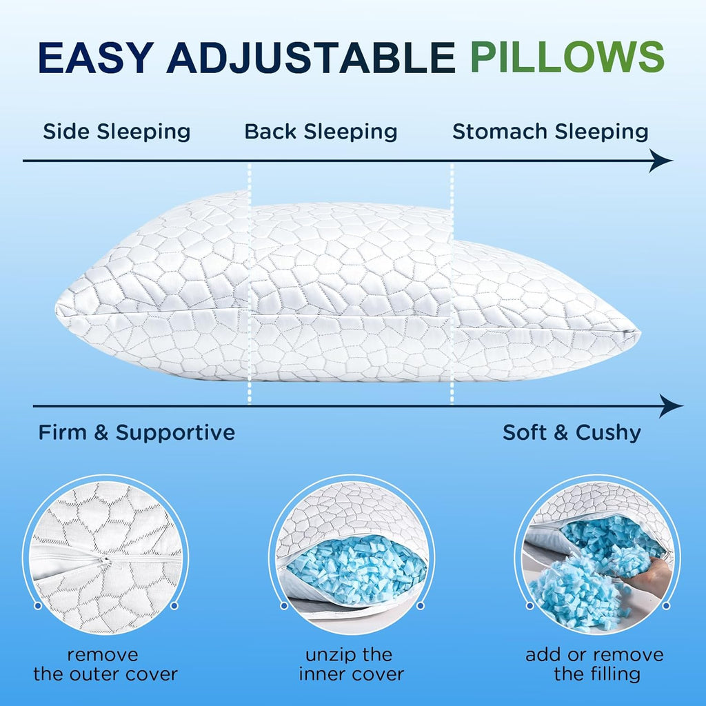Cooling Pillow King Size 1 Pack, Adjustable Bed Pillows for Sleeping, Luxury Shredded Memory Foam Pillows, Soft Yet