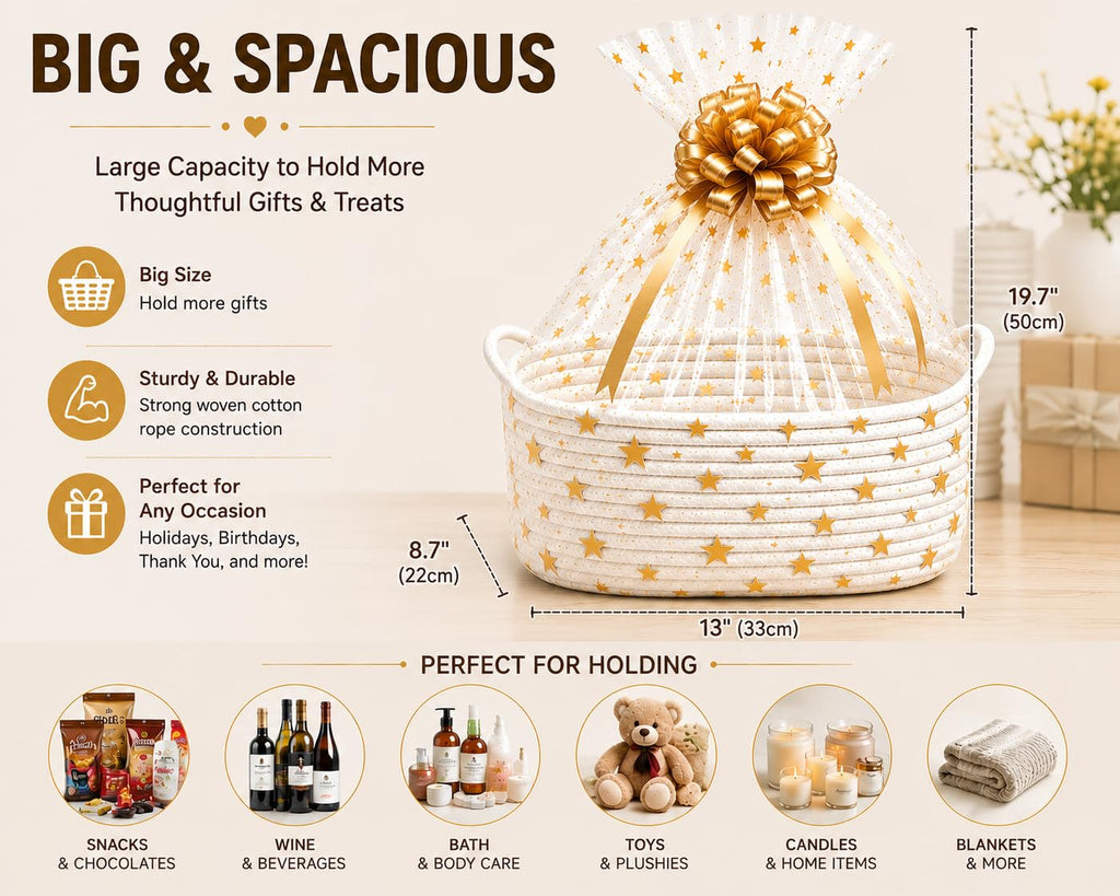 Large Empty Gift Basket Set - Includes Big Woven Basket, Gift Wrap, Confetti & Greeting Card, Ideal for Bridal