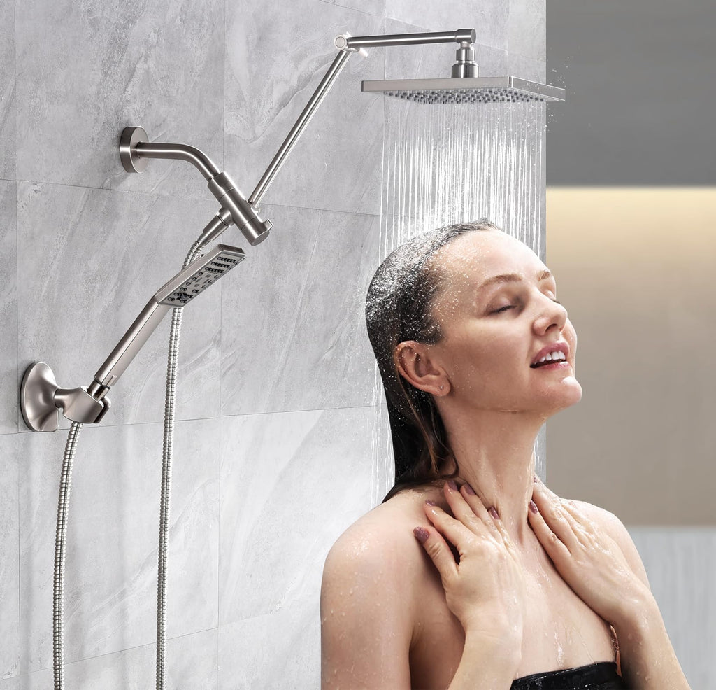 High Pressure Rain Shower Head Combo with Double Extension Arm, 8 Inch Rainfall Shower Head with Handheld Spray