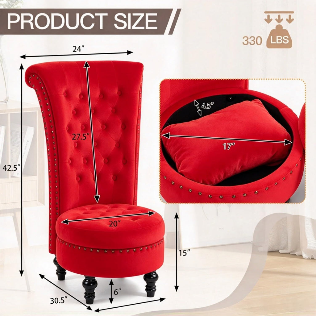 High Back Throne Chair with Storage, Red Velvet Royal Accent Chair