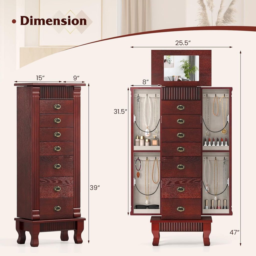 Standing Jewelry Armoire Cabinet, Large Jewelry Organizer Chest with 7 Drawers, 2 Swing Doors, 12 Necklace Hooks &