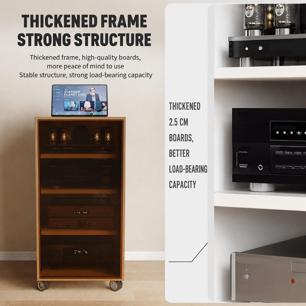Audio Rack 2/3/4 Tier AV Stand with Wheels, Wood Shelf, Glass Door