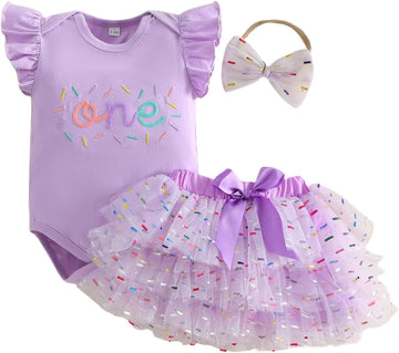 Baby Girl First Birthday Outfit One Year Old Sprinkle Romper Bodysuit Tulle Tutu Skirt with Headband