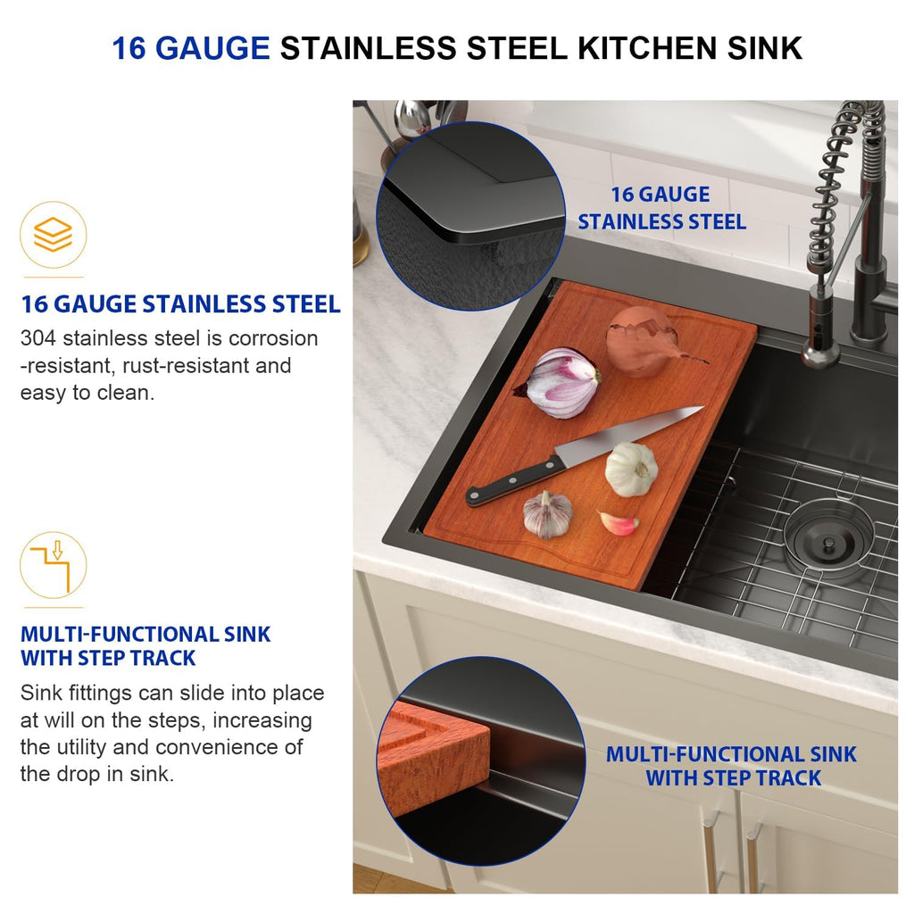 36 Inch Black Kitchen Sink Workstation Drop In Single Bowl Large Sink 16 Gauge Stainless Steel Nano PVD Coating