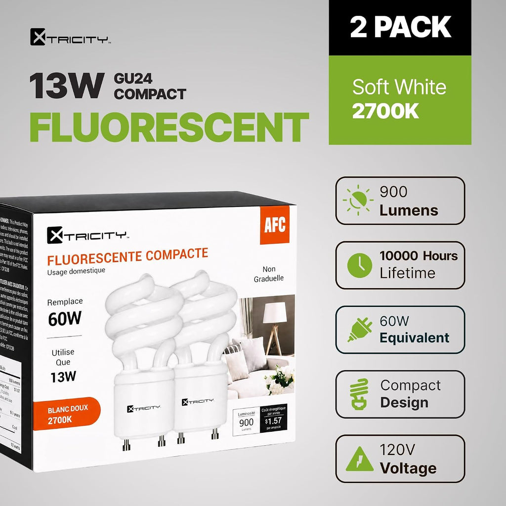 Compact Fluorescent GU24 2 Prong Light Bulb Base, T2 Mini Spiral, 13W (60 Watt Equivalent), 2700k Soft White, 900