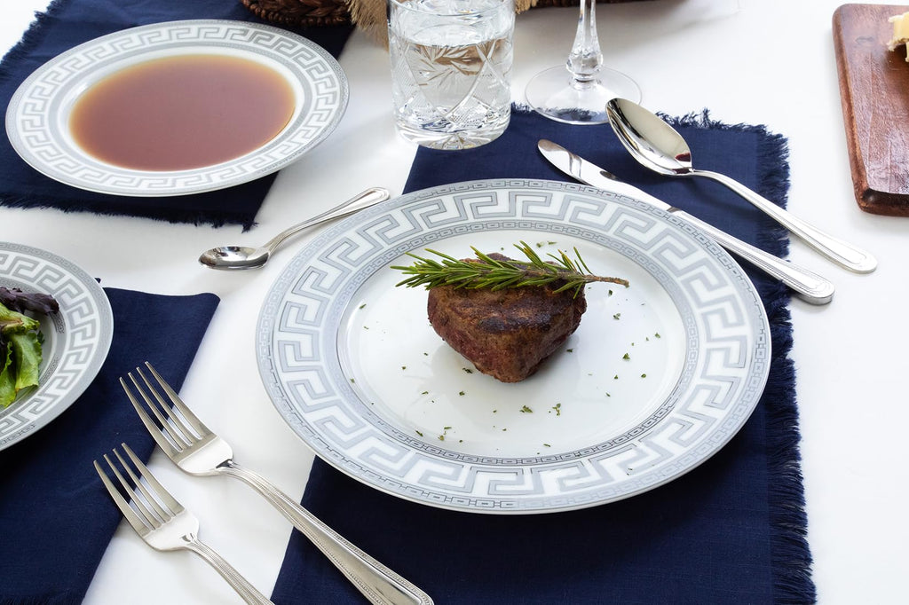Porcelain Dinnerware Set for 4-12 Piece, Elegant Meander Silver