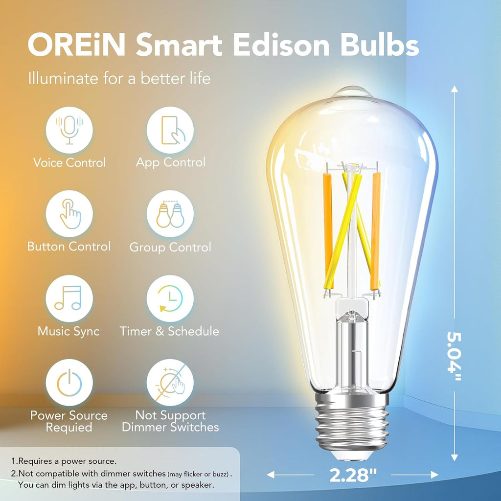 Smart Edison Light Bulbs with WiFi ST19(58) Vintage Light Bulbs, Dimmable 800lm 2700K-6500K Tunable White, Alexa