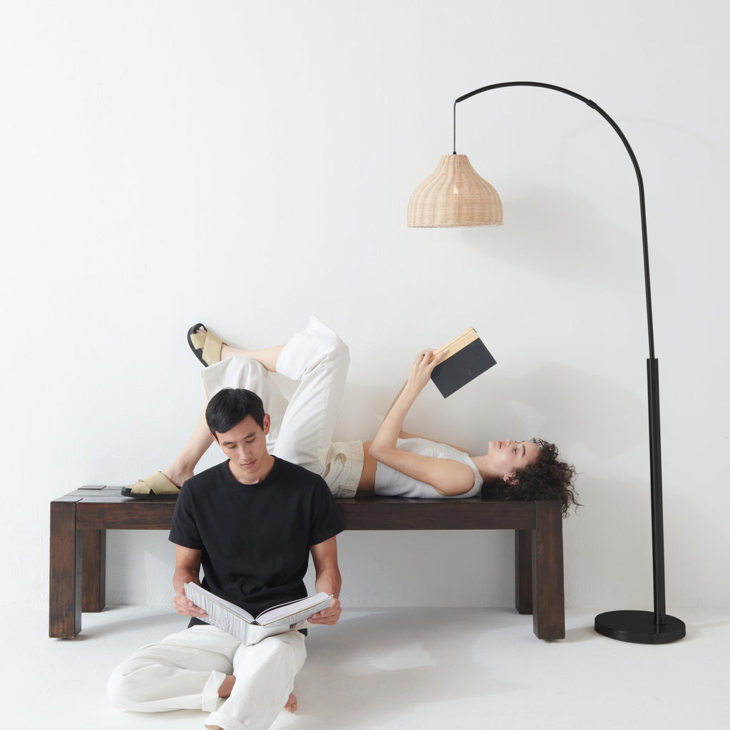 Lark Standing LED Floor Lamp - Modern Tall Corner Arc Lamp with Boho Hanging Rattan Shade - Bright Bedside Reading